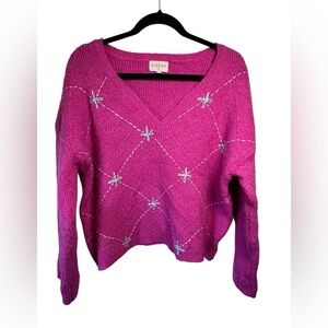 Ciebon Oversized Pink Embroidered Sweater Dreamcore‎ Cozy Preppy V Neck Size XS
